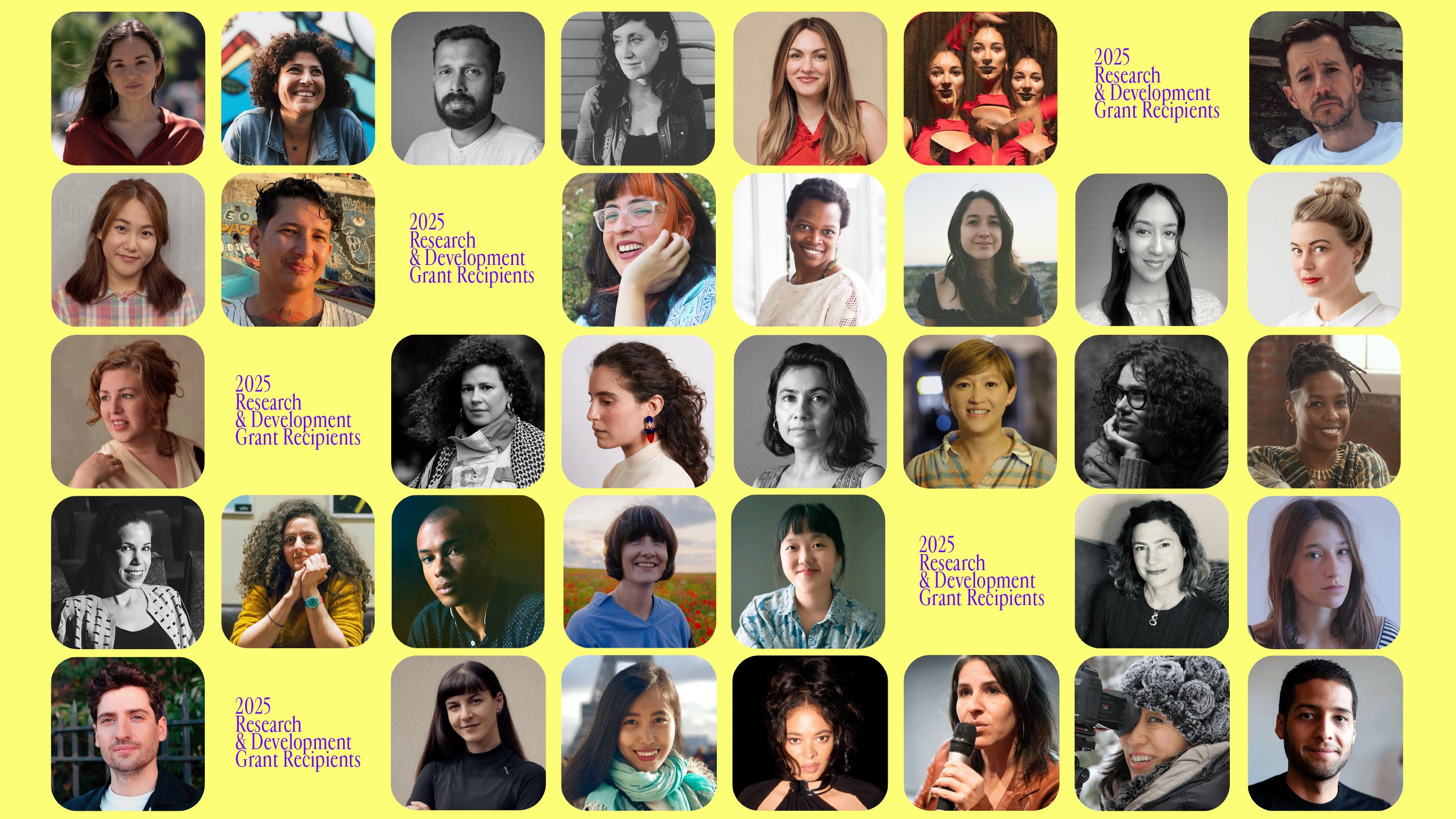 Yellow banner with small purple titles saying "2025 RESEARCH & DEVELOPMENT GRANT RECIPIENTS"  with portraits of 35 different filmmakers.