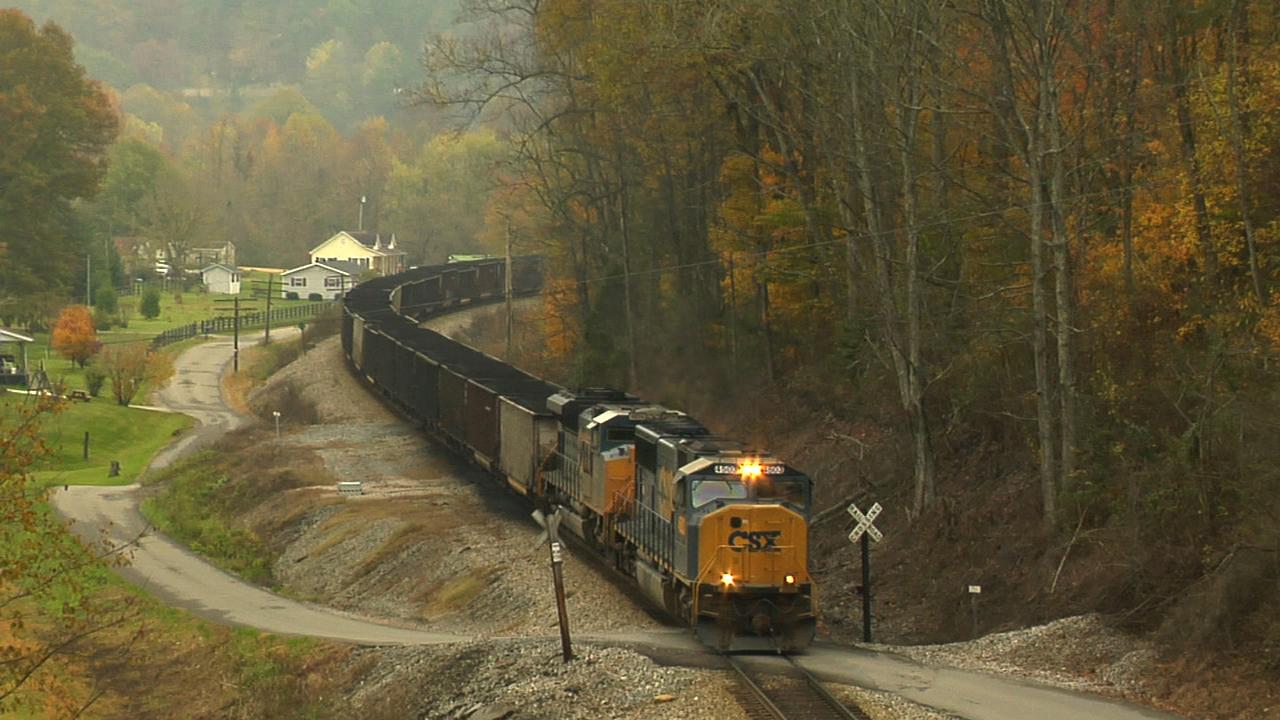 A train travels down tracks through a woodsy mountain.